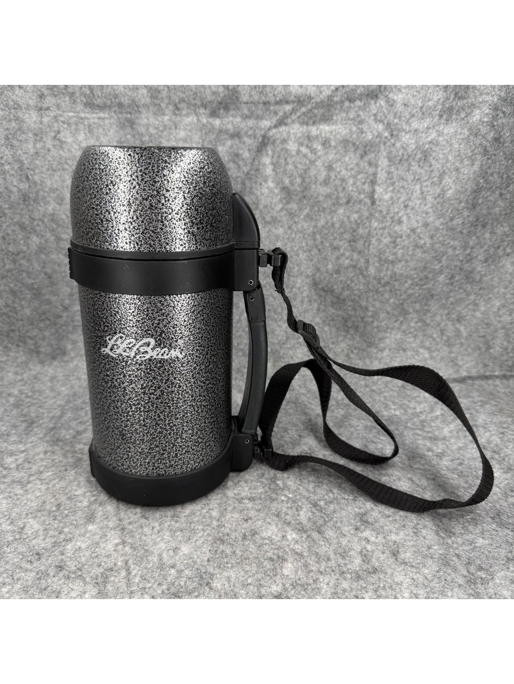 LL Bean Stainless Steel Vacuum Insulated Thermos Silver Black Shoulder Strap 909
